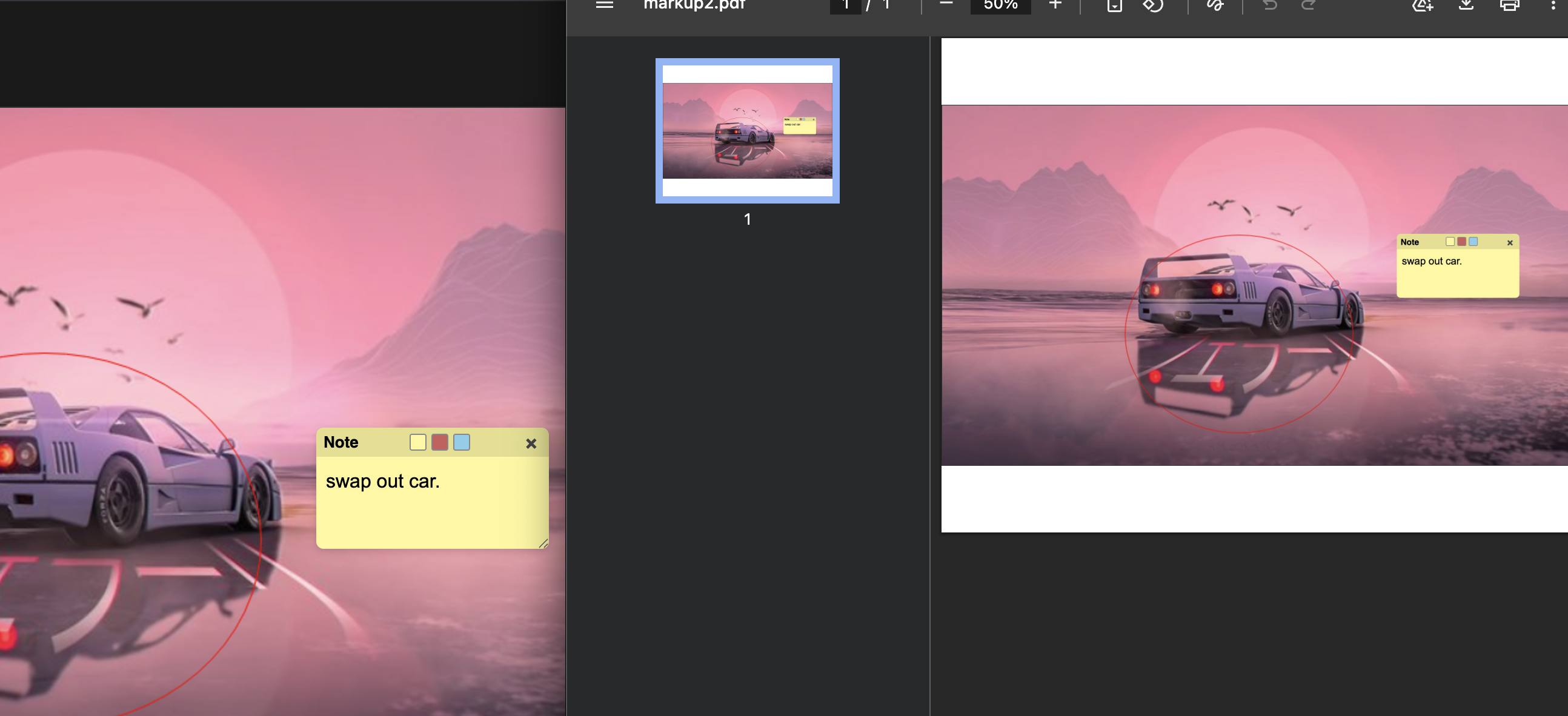 PDF export workflow — annotated canvas with sticky note, PDF thumbnail panel, and exported PDF side by side