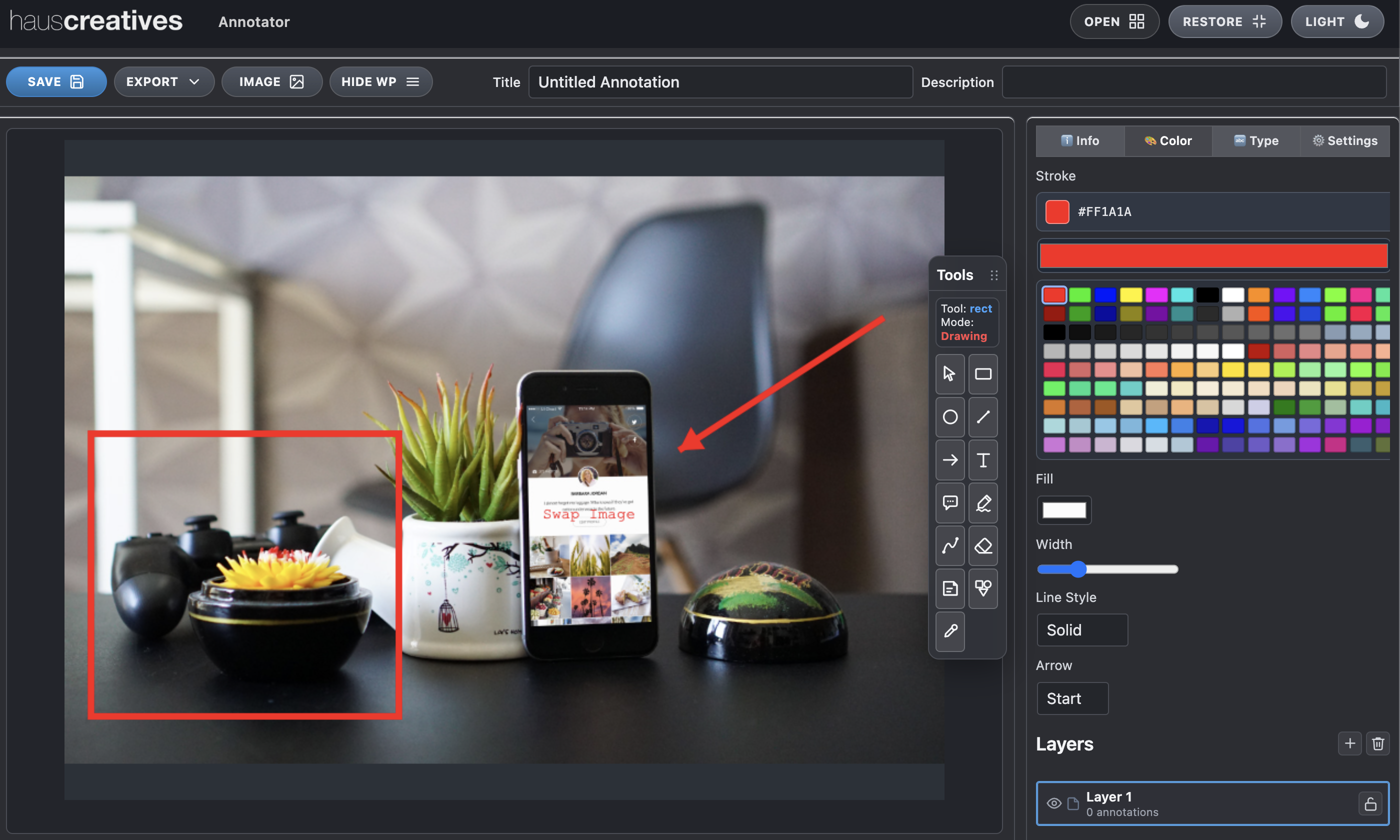WP-Annotator — red rectangle and arrow callout with Color panel showing stroke and fill settings