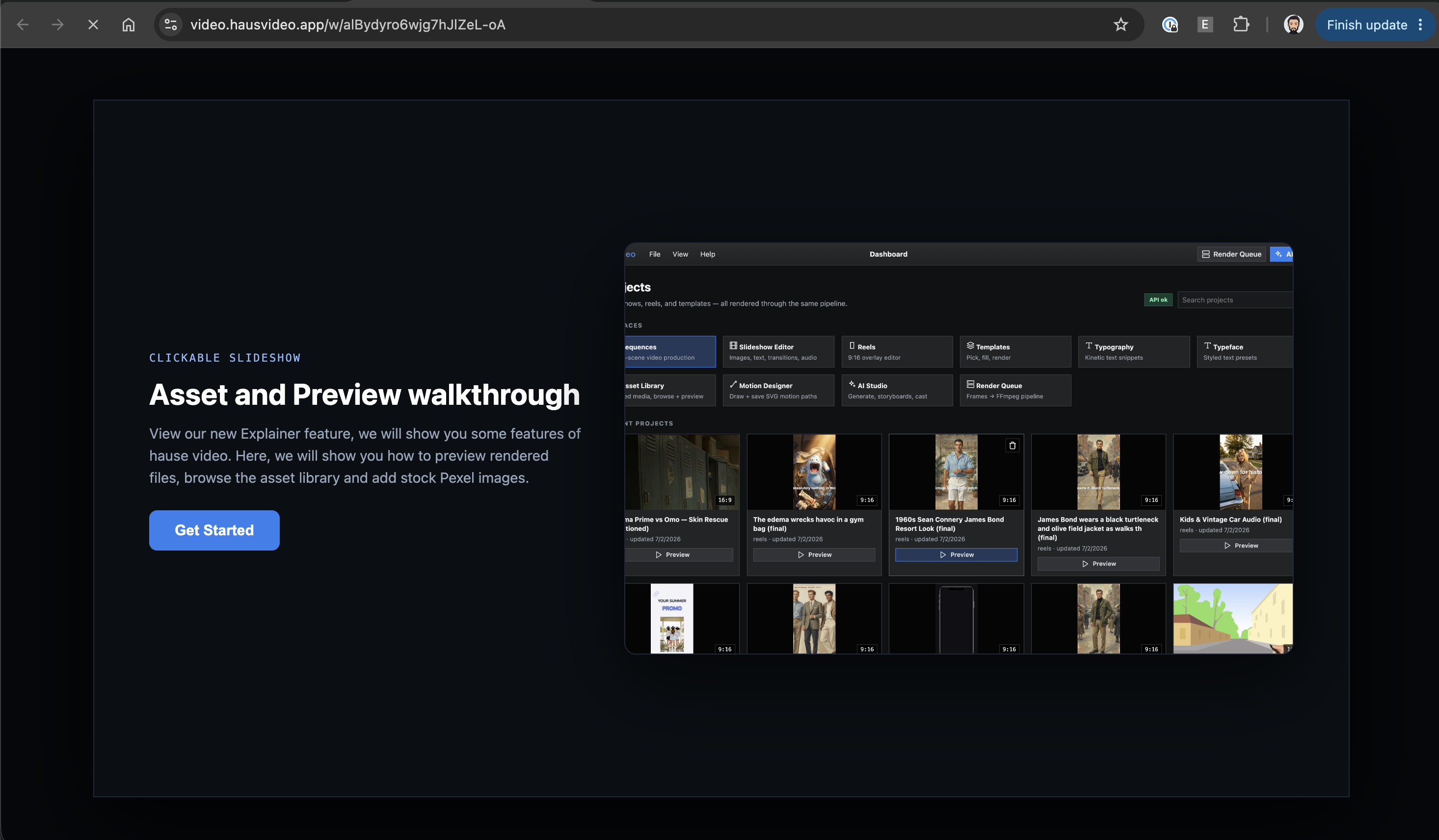 Explainer walkthrough interface with recorded steps and playback.