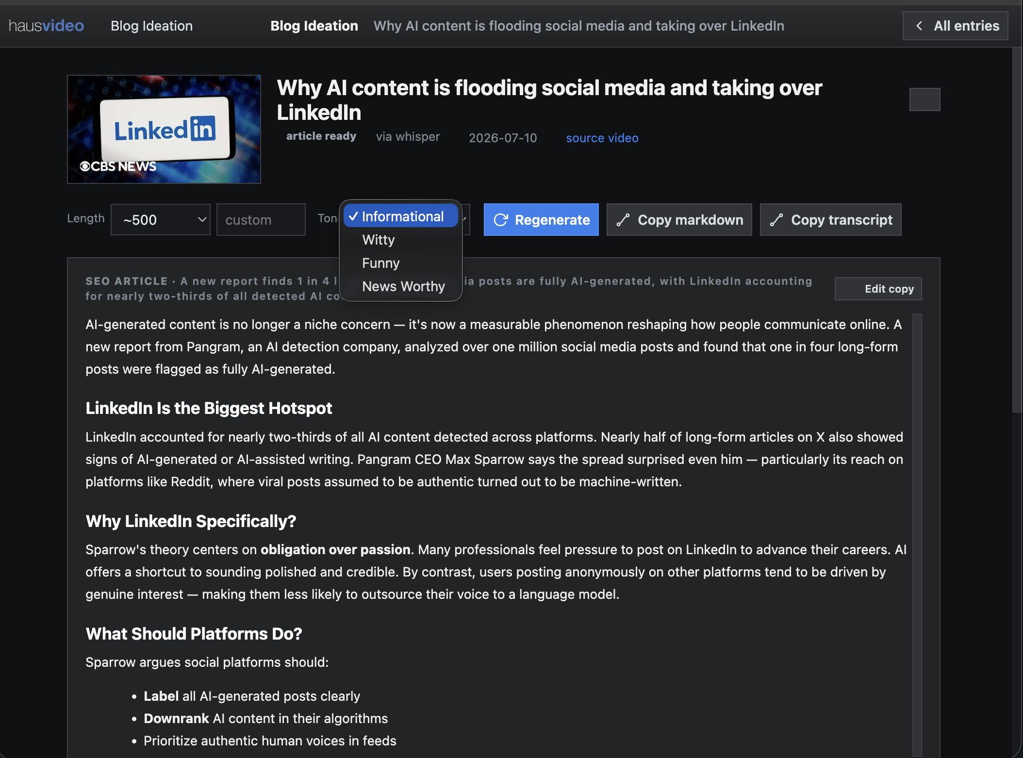 Generated article with tone selection and copy controls.