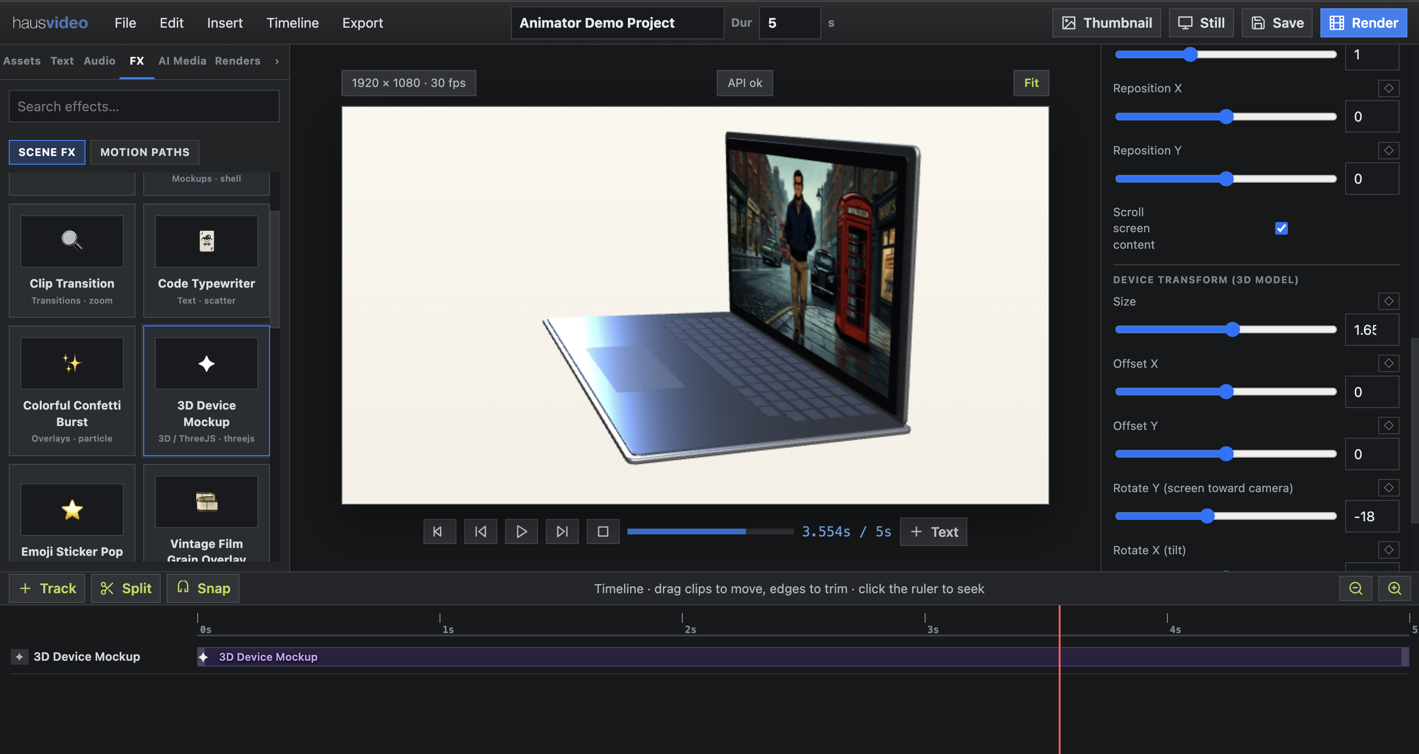haus video editor showing a 3D laptop mockup with keyframe controls.