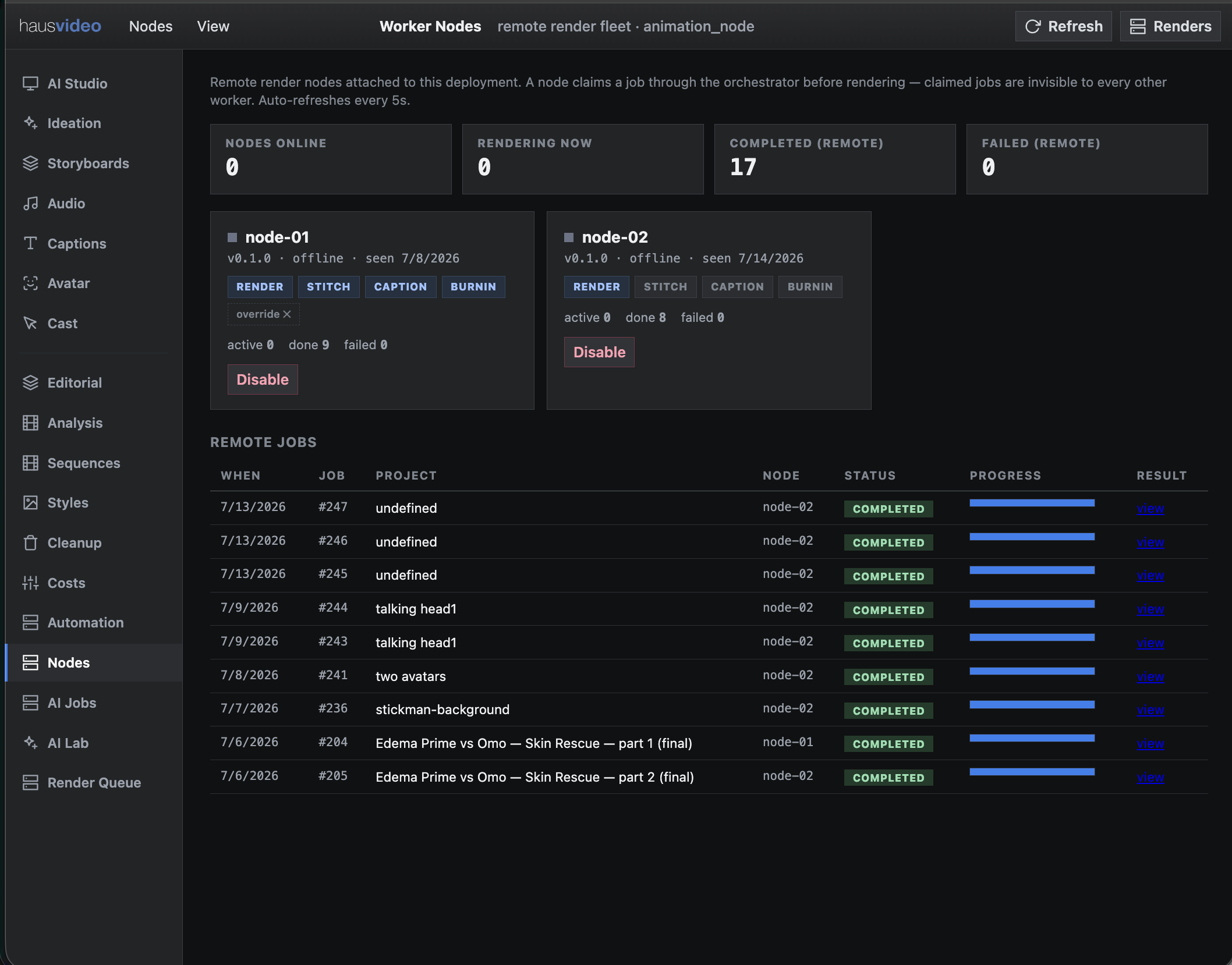Worker Nodes dashboard showing registered render nodes and completed remote jobs.