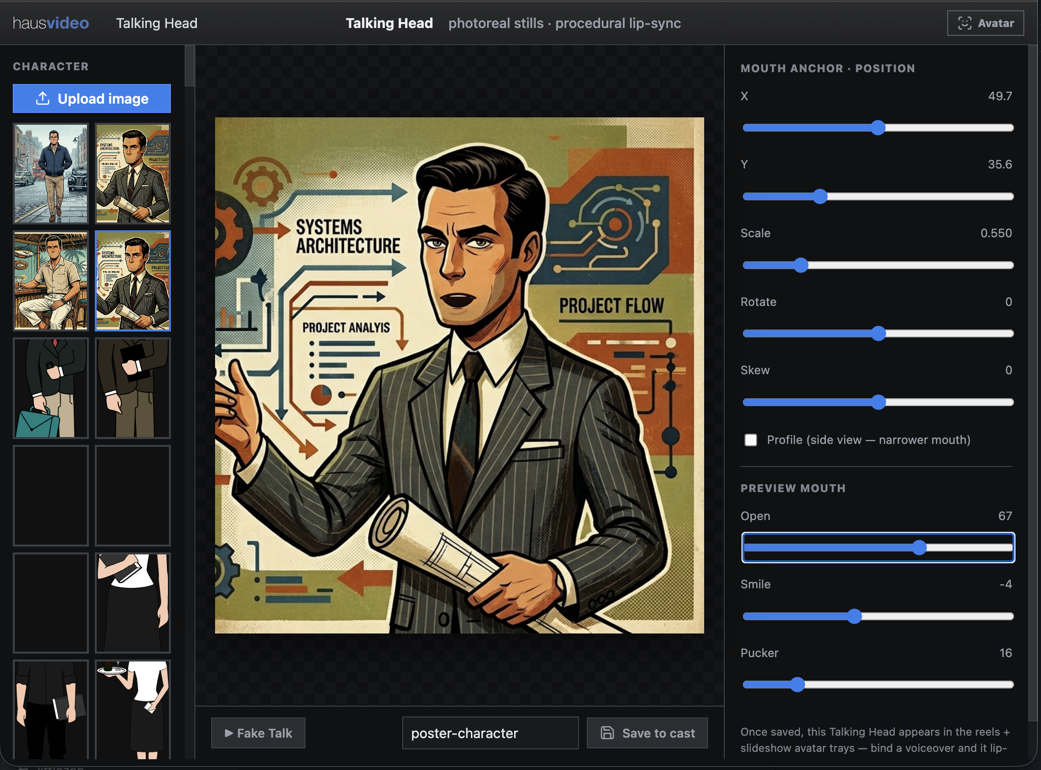 Talking Head editor with mouth position and expression controls.