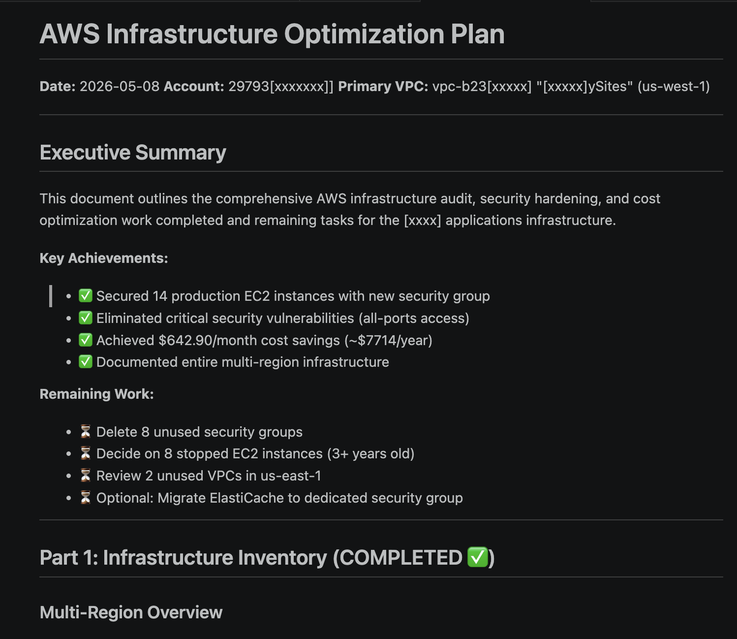 AWS cost and security audit showing ghost instances, detached volumes, old snapshots, and stale security group rules