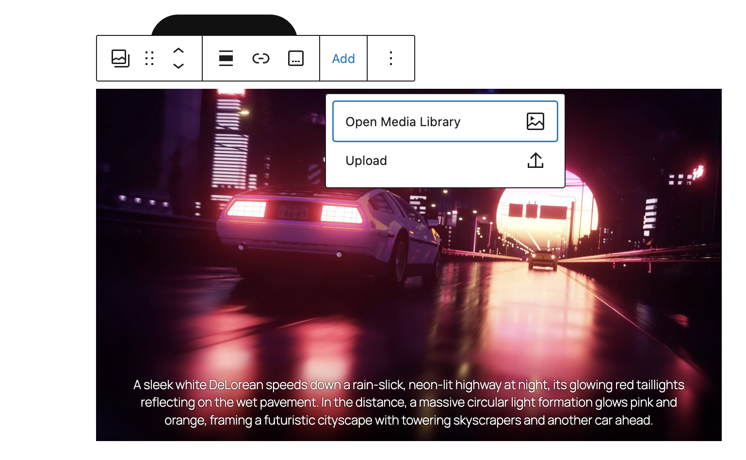 AI-generated caption displayed in WordPress block editor