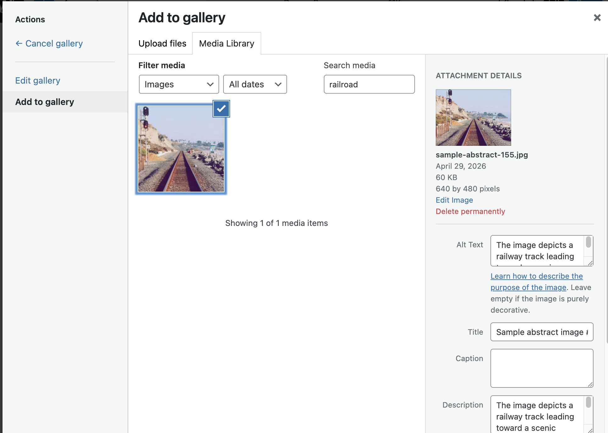 WordPress Media Library search finding railroad image