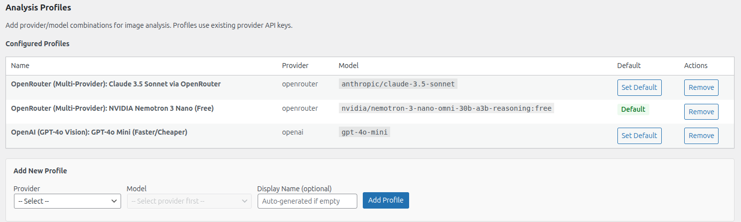WP-Image analysis profiles configuration