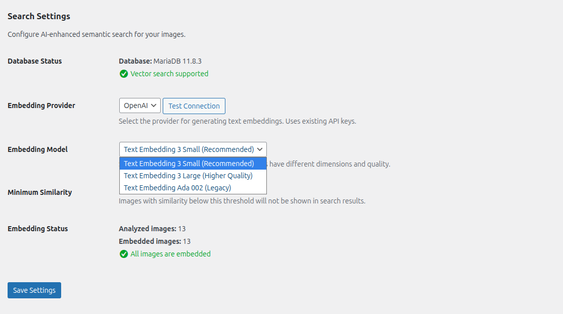 WP-Image search settings configuration