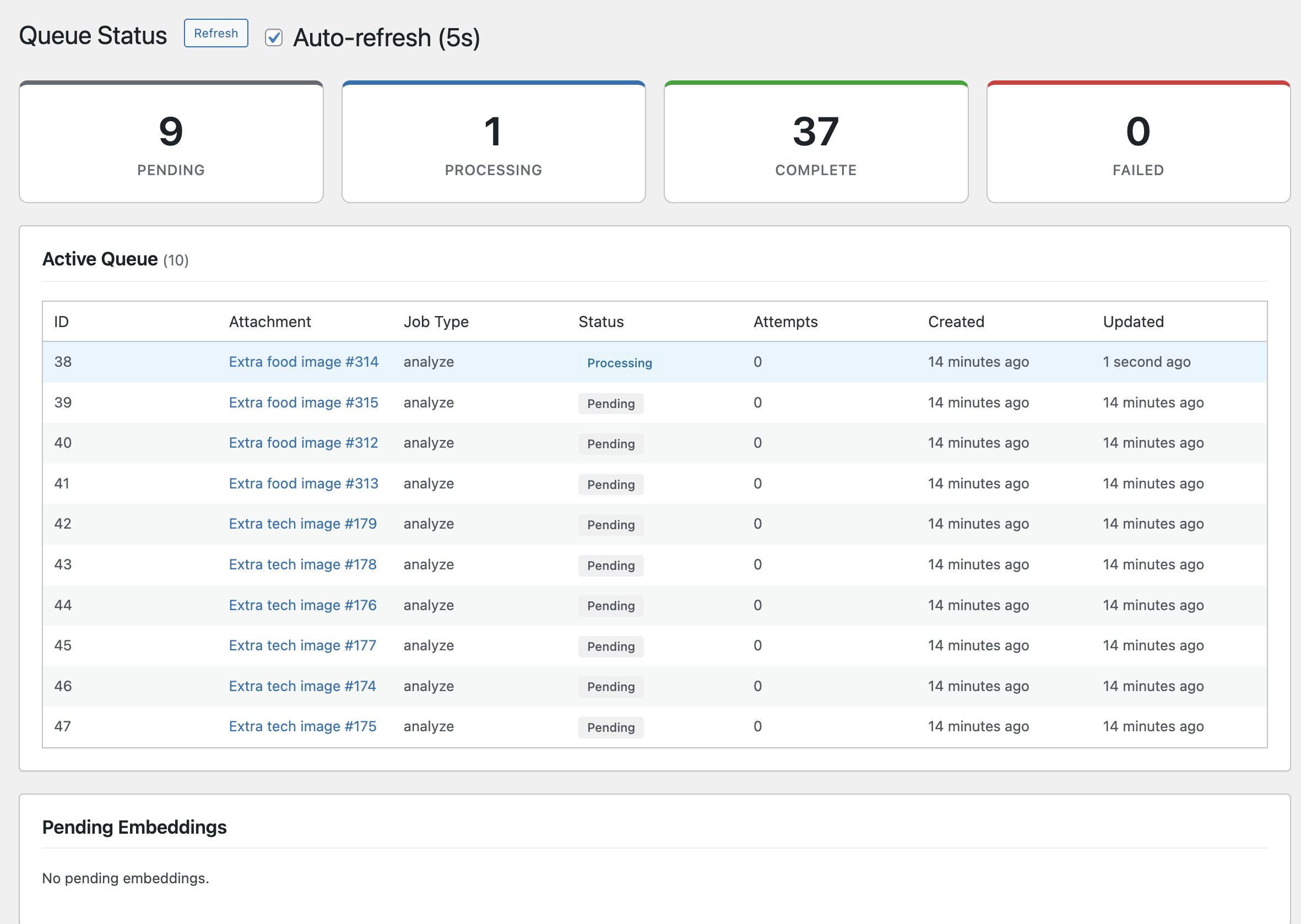 WP-Image queue status monitoring interface
