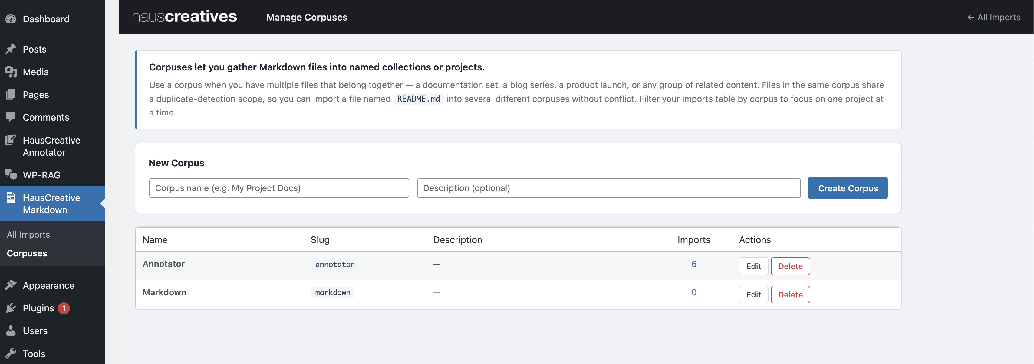 Corpus management page — create form and corpus table with import counts