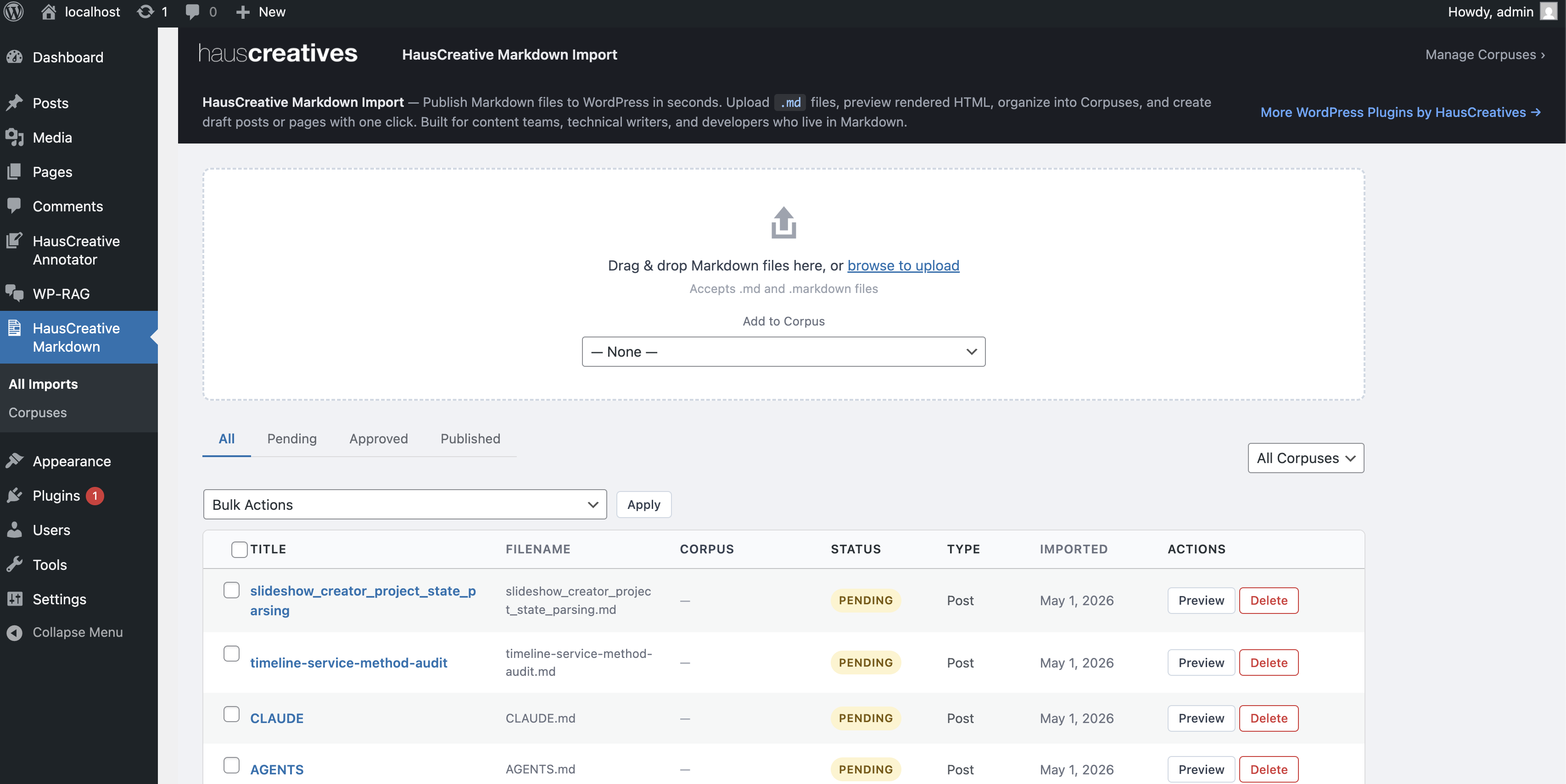 WP Markdown Import dashboard — imports table with status pills, corpus filter, and upload zone