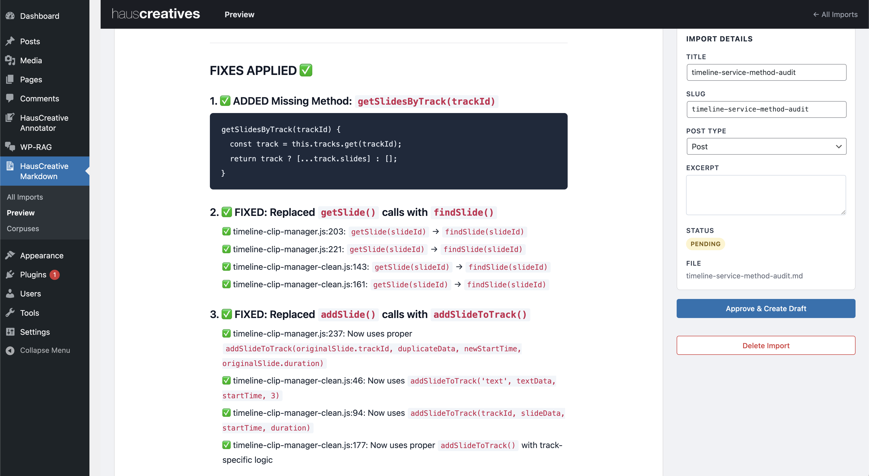 Preview sidebar — title, slug, post type, excerpt fields and Approve button