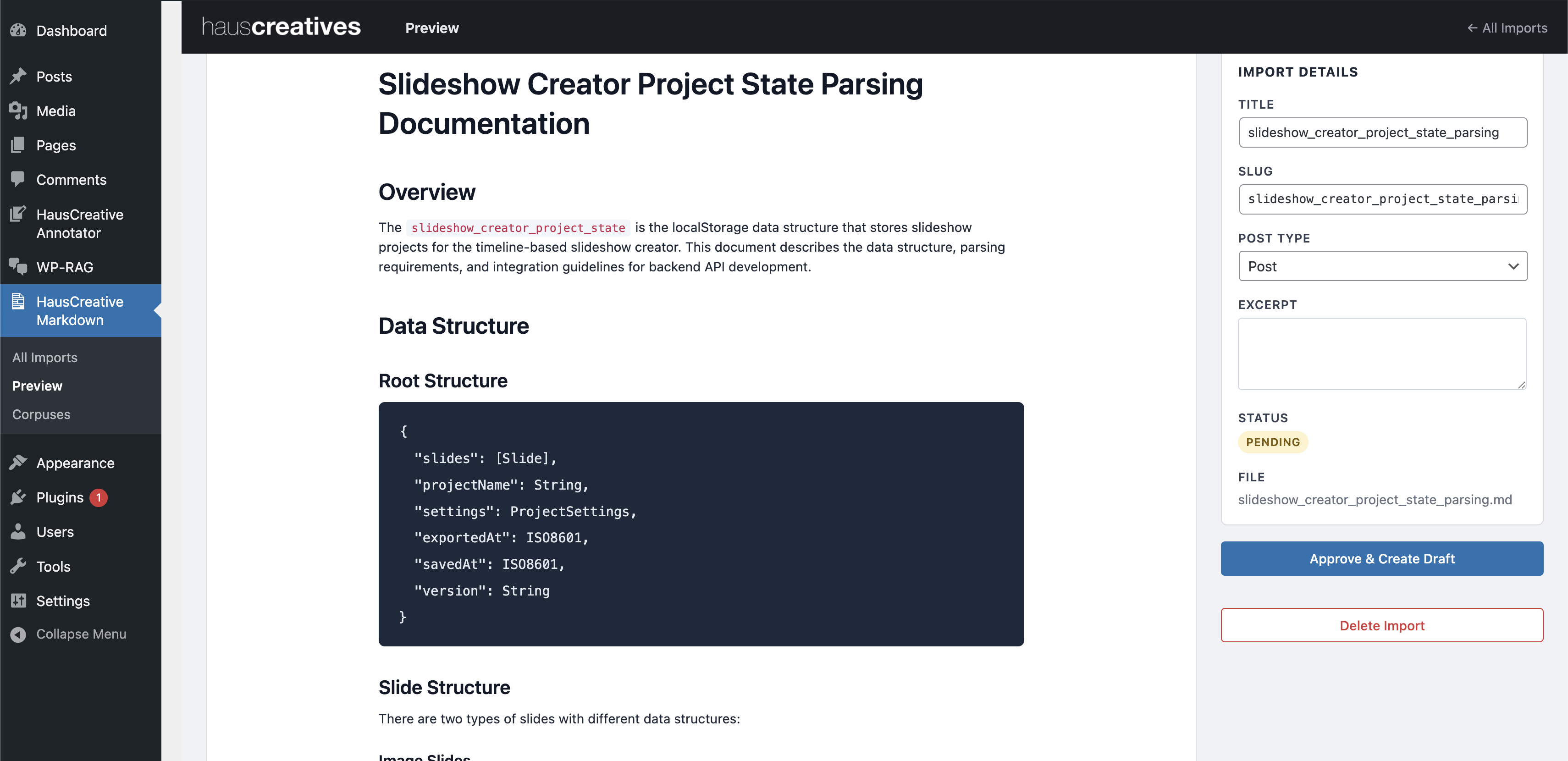 WP Markdown Import — rendered HTML preview with metadata sidebar inside WordPress