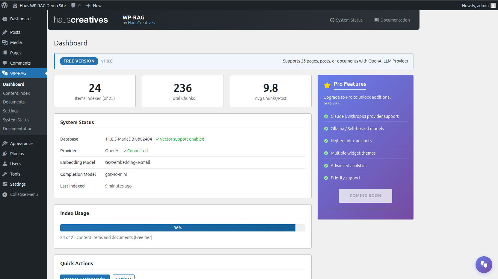 WP-RAG admin dashboard showing system status and content index