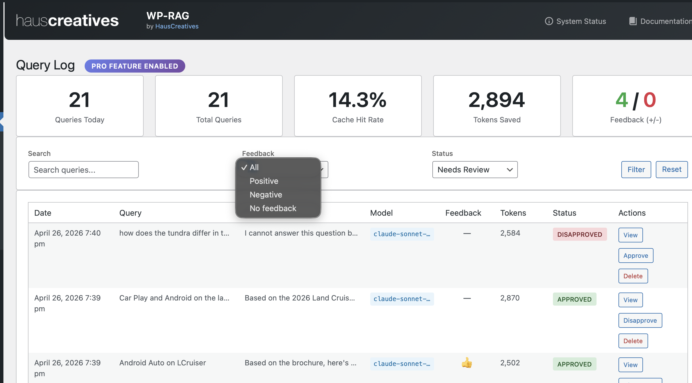 WP-RAG Pro feedback loop — thumbs up/down on chatbot answers