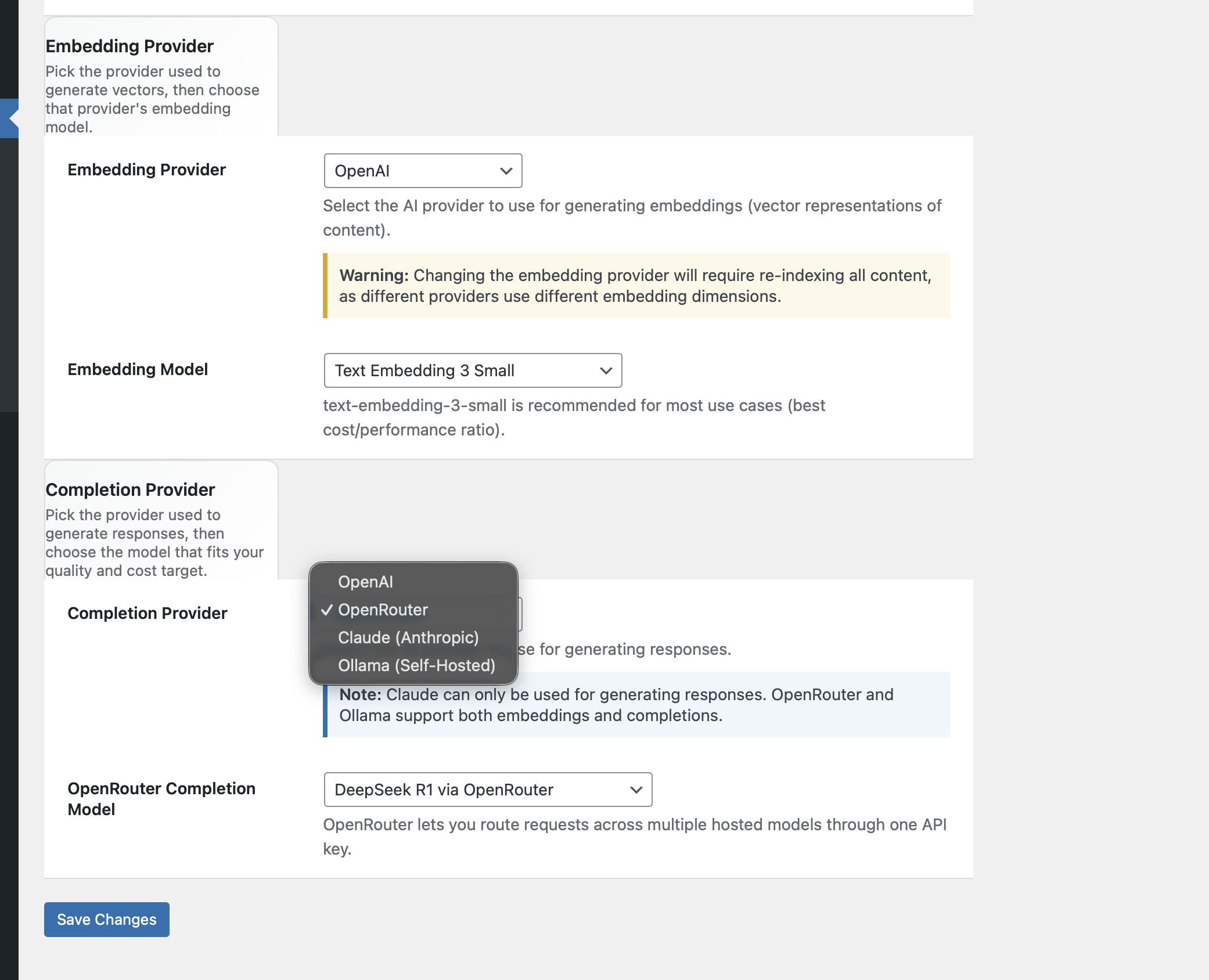 WP-RAG Pro LLM provider selection — OpenAI, Claude, Ollama, OpenRouter