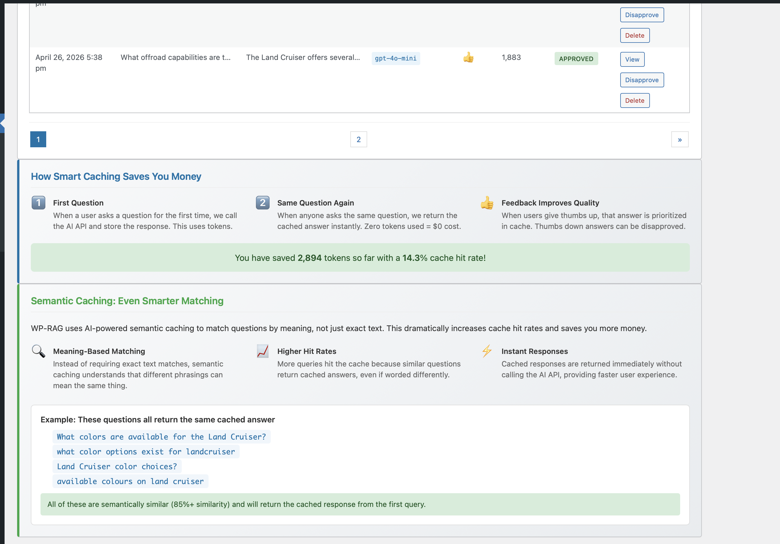 WP-RAG Pro semantic cache match results
