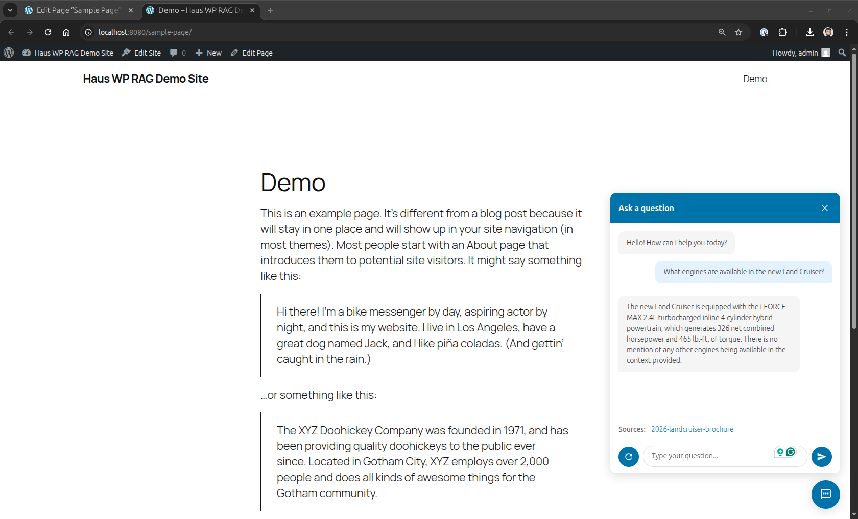 WP-RAG chatbot widget in the browser