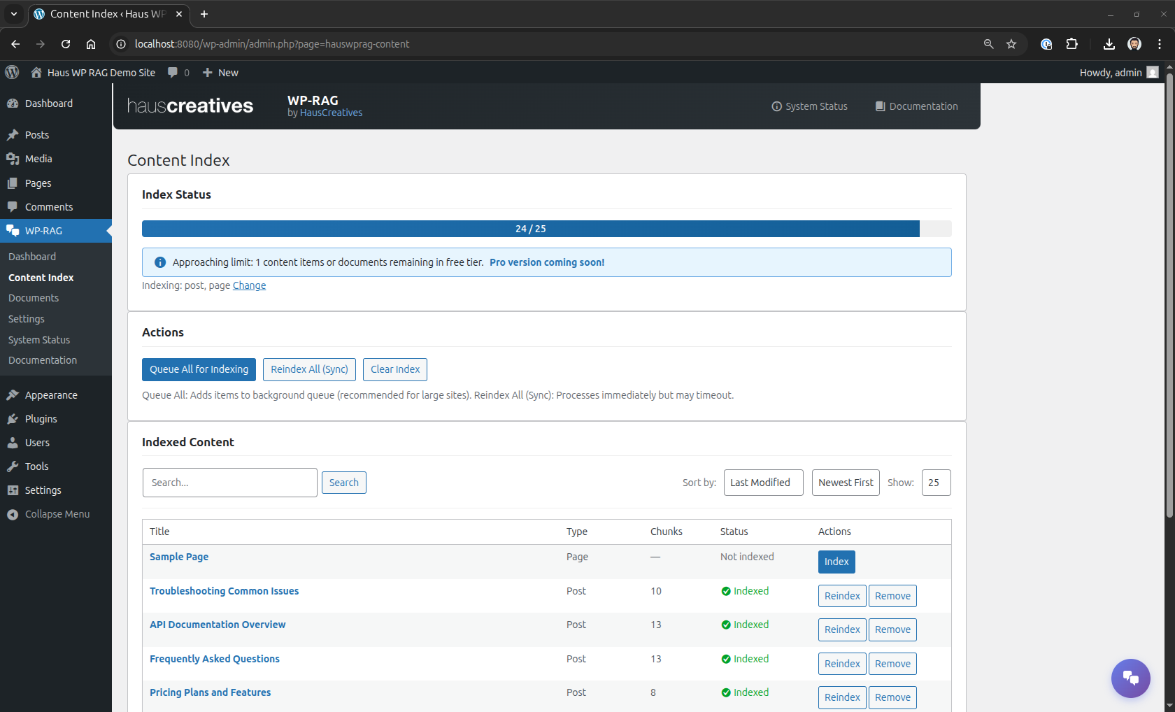 Site page and post indexing UI
